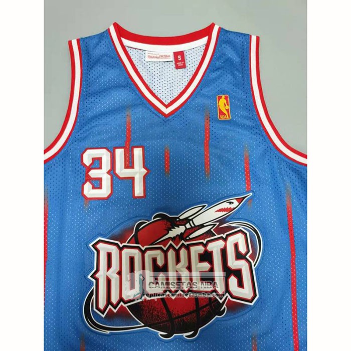 Camiseta Houston Rockets Hakeem Olajuwon NO 34 Mitchell & Ness 1996-97 Azul